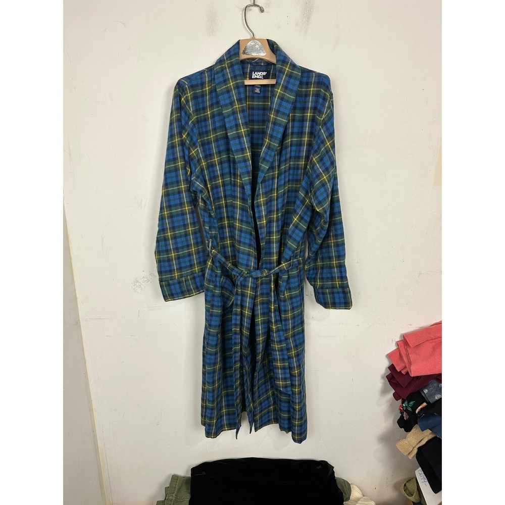 Lands End Mens Flannel Robe Blue Green Plaid Cotton Shawl Collar Belted Size M
